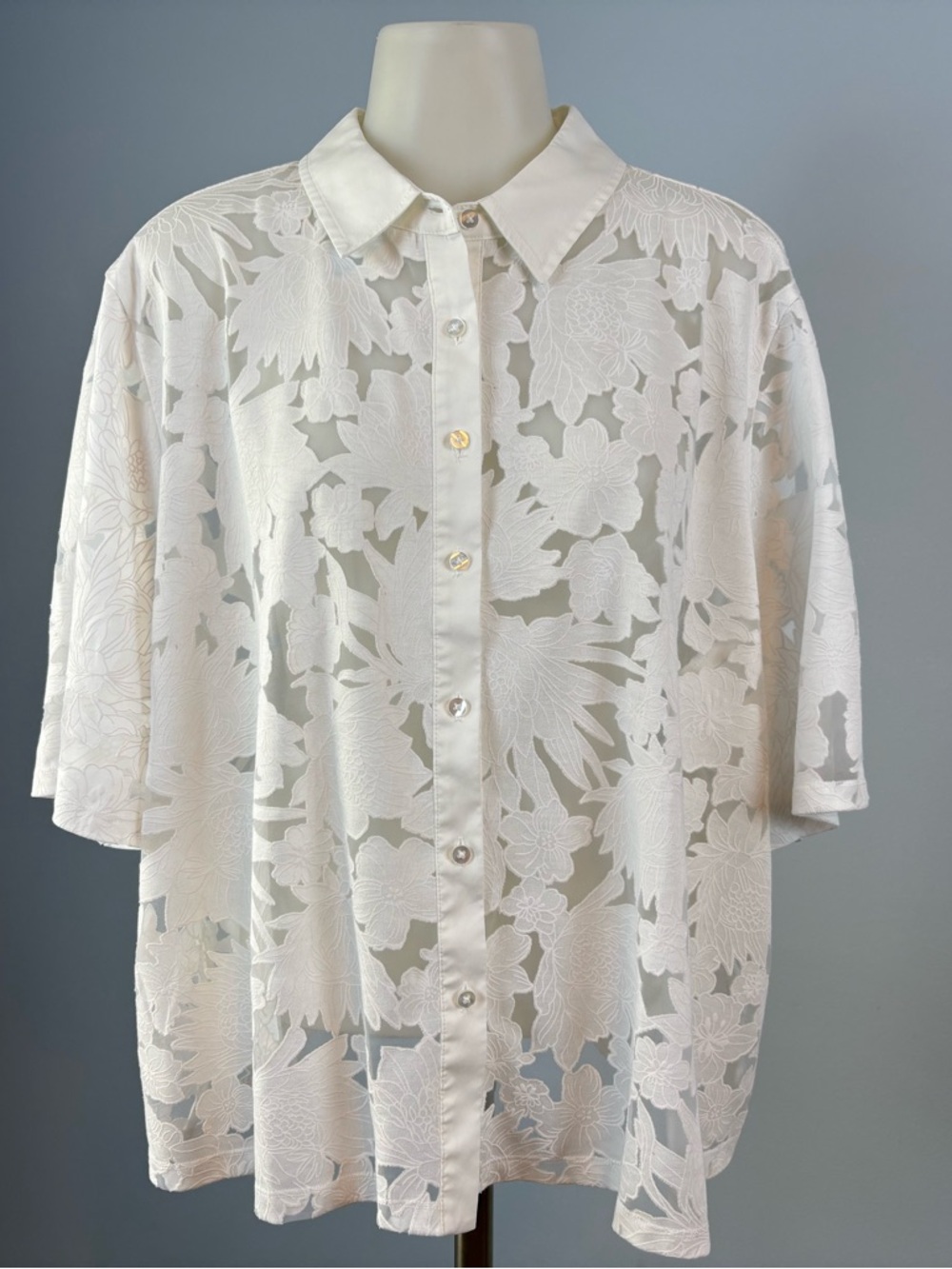 Chico's White Floral Sheer Button-Up Blouse